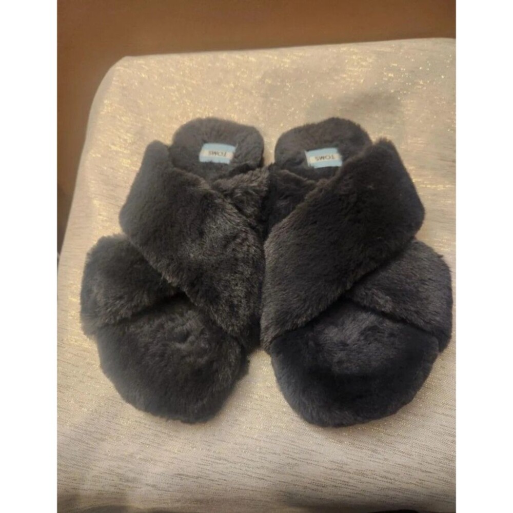 Toms Susie Women's Dark Charcoal Forged Iron Fur Slippers Open Toe Size 8